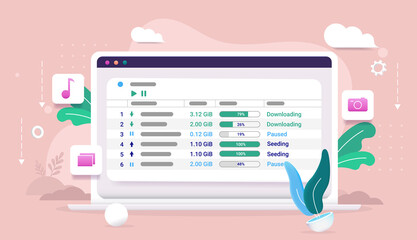 Torrent downloading technology - Laptop computer screen with file downloading software in colourful vector illustration