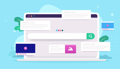 Poster - Internet search - Laptop computer screen with search engine and different web elements. Semi flat vector design on blue background