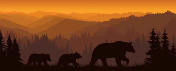 vector morning in mountains with family of bears