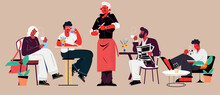 Coffee Restaurant Icons Waiter Customers Sketch Cartoon Characters SVG
