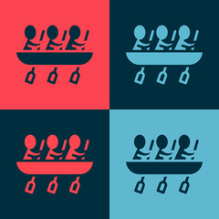 Sticker - Pop art Canoe rowing team sports icon isolated on color background. Three athletes with oars rowing in boat. Teamwork concept. Vector