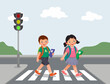 Cute School kids with backpack walking crossing road near traffic light on zebra crossing on the way to school