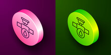 Isometric Line Industry Metallic Pipe And Valve Icon Isolated On Purple And Green Background. Circle Button. Vector