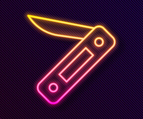 Sticker - Glowing neon line Swiss army knife icon isolated on black background. Multi-tool, multipurpose penknife. Multifunctional tool. Vector