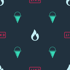 Poster - Set Fire exit, flame and cone bucket on seamless pattern. Vector