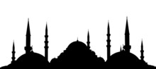 Mosque Dark Silhouette White Background.  Ramadan And Kandil Background. Popular Sunset View Of Istanbul. Islamic Symbol.