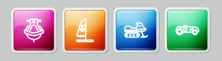 Sticker - Set line Jet ski, Windsurfing, Snowmobile and Vintage sport racing car. Colorful square button. Vector