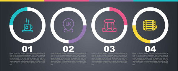 Sticker - Set line Cup of tea with tea bag, Location England, Stonehenge and Wooden barrel. Business infographic template. Vector