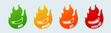 Spicy Hot Chili Pepper Icons Set With Flame And Rating Of Spicy Mild, Medium Hot And Extra Hot Level.