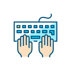 Wall Mural - user hands at a keyboard. gaming, coding or messaging. pixel perfect, line art color icon