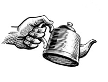 Hand With A Teapot. Ink Black And White Drawing
