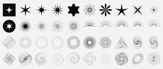 Wall Mural - Collection of geometric shapes on white background. Abstract black color icon element of star, sparkling, different shapes, moon, sun. Icon graphic design for decoration, logo, business, ads.