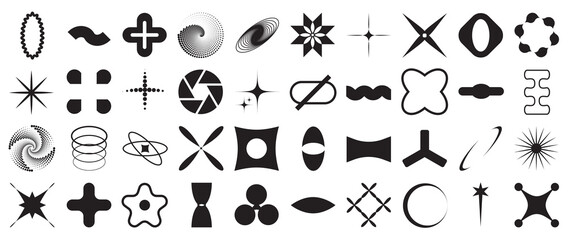 Wall Mural - Collection of geometric shapes on white background. Abstract black color icon element of star, sparkling, different shapes, moon, sun. Icon graphic design for decoration, logo, business, ads.
