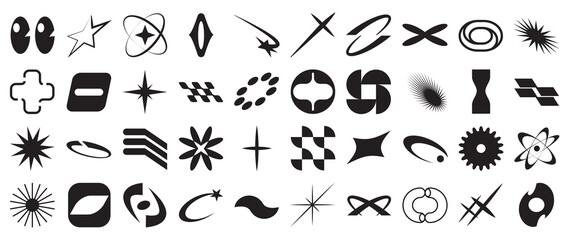 Wall Mural - Collection of geometric shapes on white background. Abstract black color icon element of star, sparkling, different shapes, moon, sun. Icon graphic design for decoration, logo, business, ads.