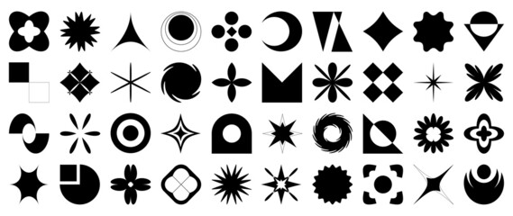 Collection of geometric shapes on white background. Abstract black color icon element of star, sparkling, different shapes, moon, sun. Icon graphic design for decoration, logo, business, ads.