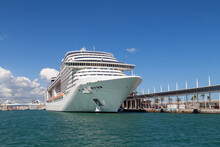 Modern Cruise Ship In Port Vell Barcelona, Spain