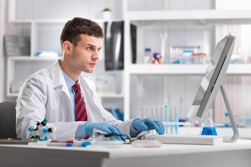 Sticker - Medical Scientist Working in Science Laboratory on Personal Computer Virus Analysis Software . Scientists Developing Vaccine, Drugs and Antibiotics.