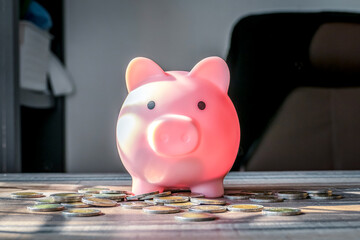 Saving money in a piggy bank with money boxes for future funds of tourism, home, and retirement on a blurred background is a strategy with money boxes for future funds of education, tourist, home, and