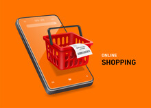The Receipt Was Draped Over A Red Shopping Cart And All Floated On The Smartphone Screen,vector 3d Isolated On Orange Background For Online Shopping Advertising Promotion Sale Concept Design