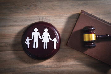 Wall Mural - Paper cut family, judge gavel and book. Family Law