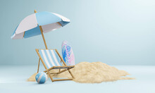 Summer Background 3d Product Display Platform Scene With Surfboard Platform. Sky Cloud Summer Background 3d Render On The Ocean Display. Podium On Sand Beach Cosmetic Product Display Stand