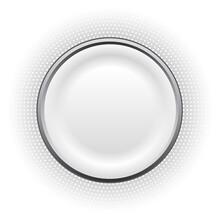 White Button With Silver Ring And Halftone Pattern Around, Minimal Modern Vector Background.

