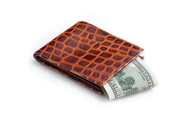 Wall Mural - Lots of american hundred dollar bills in a leather wallet. Has a clipping path saved.