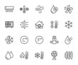 Vector set of air conditioning line icons. Contains icons humidity, air, temperature, air filter, fan, air purifier and more. Pixel perfect.