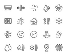 Vector Set Of Air Conditioning Line Icons. Contains Icons Humidity, Air, Temperature, Air Filter, Fan, Air Purifier And More. Pixel Perfect.