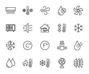 vector set of air conditioning line icons. contains icons humidity, air, temperature, air filter, fa
