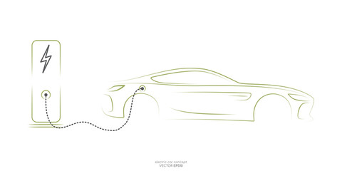 Wall Mural - Electric car with charging stations by sketch line side view green colors isolated on white background. Vector illustration in concept green energy