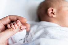 Hand Of A Father Holding The Small Hand Of His Newborn Daughter In The Maternity Hospital. Family Concept, Baby Care And Maternal And Paternal Love