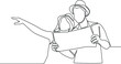 © Sell Vector - Continuous one line drawing Happy tourists sightseeing city with map. Happy travelling. Single line draw design vector graphic illustration.