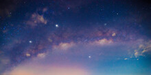 Panorama Blue Night Sky Milky Way And Star On Dark Background.Universe Filled With Stars, Nebula And Galaxy With Noise And Grain.Photo By Long Exposure And Select White Balance.selection Focus.amazing