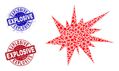 Round EXPLOSIVE rough stamp seals with word inside round shapes, and shard mosaic boom icon. Blue and red stamp seals includes EXPLOSIVE title. Boom mosaic icon of fragment parts.