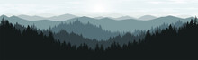 Landscape In The Morning. Panorama Of Mountains And Pine Forest.