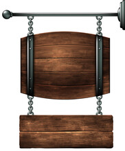 Sign Design For A Pub Or Wine Bar In The Form Of A Barrel On Chains. High Detailed Realistic Illustration.