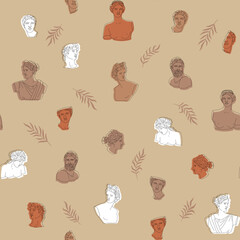 Seamless pattern with ancient Greek sculptures and characters. Greece antique marble statues illustration for fabric, textile, wallpaper, background, wrapping paper