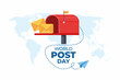 World Post Day with Flying mail paper on the world with world map background. Red post box with envelope. Vector illustration.