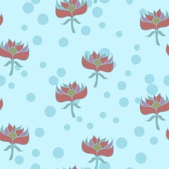  Muted pink cute flower art vector repeatable seamless pattern on a pale sky blue backdrop