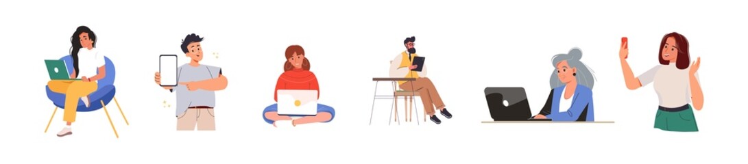 Set of people of different ages using gadgets. Man and woman are online with smartphone, laptop, tablet PC, mobile phone. Male and female Internet users. Flat vector illustration isolated on white