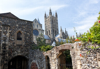 View of Canterbury cathedral tower from path leading to King's School.