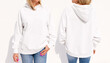 Model wearing white women's hoodie, mockup for your own design