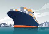 Vector illustration of a loaded container cargo ship leaving the harbor