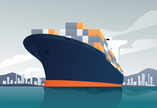 Vector Illustration Of A Loaded Container Cargo Ship Leaving The Harbor