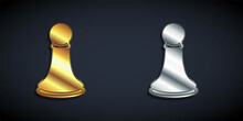 Gold And Silver Chess Pawn Icon Isolated On Black Background. Long Shadow Style. Vector