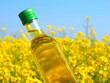 Bottle of golden cooking oil in front of a rapeseed or canola field