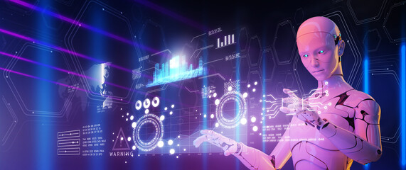 Smart city digital world metaverse, 3D AI artificial intelligence robot engineer digital technology security power energy sustainable environment technology futuristic interface, 3D city interface