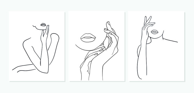Set of Minimal line art woman with hand on face. Black Lines Drawing. - Vector illustration
