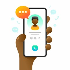 Wall Mural - Smartphone mockup in human hand. Calling to contact. Vector colorful social media illustration. Instagram, Whatsapp, Skype